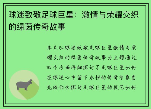 球迷致敬足球巨星：激情与荣耀交织的绿茵传奇故事